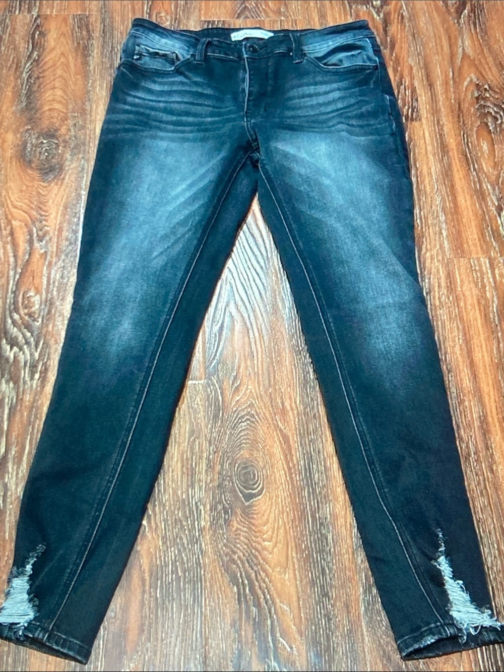 KanCan Dark Wash Skinny Jeans with Distressed Ankles